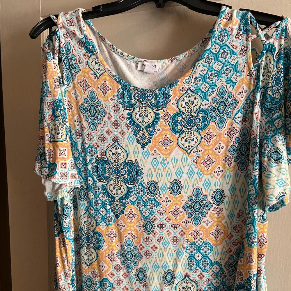 Womens aqua and gold cold shoulder top
